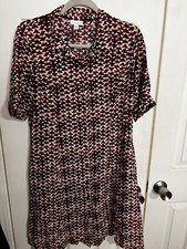 J Jill Midi Womens Mod Print Black Red Shirt Dress 6 Petite Tab Sleeves