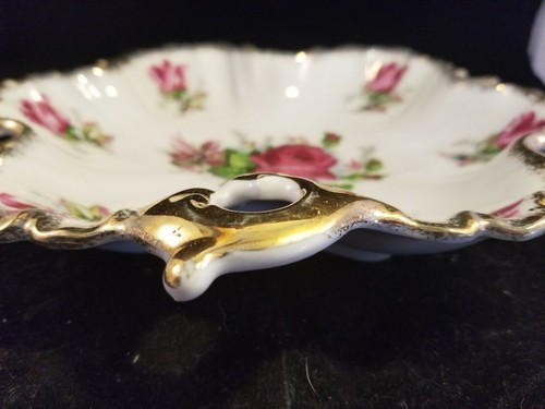 vintage leaf shaped porcelain dish with gold trim and rose pattern - Picture 2 of 7