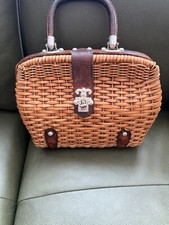 Vintage 1960's Tan Wicker Handbag with Turn Lock Closure Leather Accents