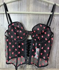 Body Rage SZ L Lace Up Corset Black & Red Heart Lingerie Sexy NWT