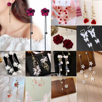Fairy Flower Rose Butterfly Long Tassel Crystal Stud Earrings Dangle Women Gift