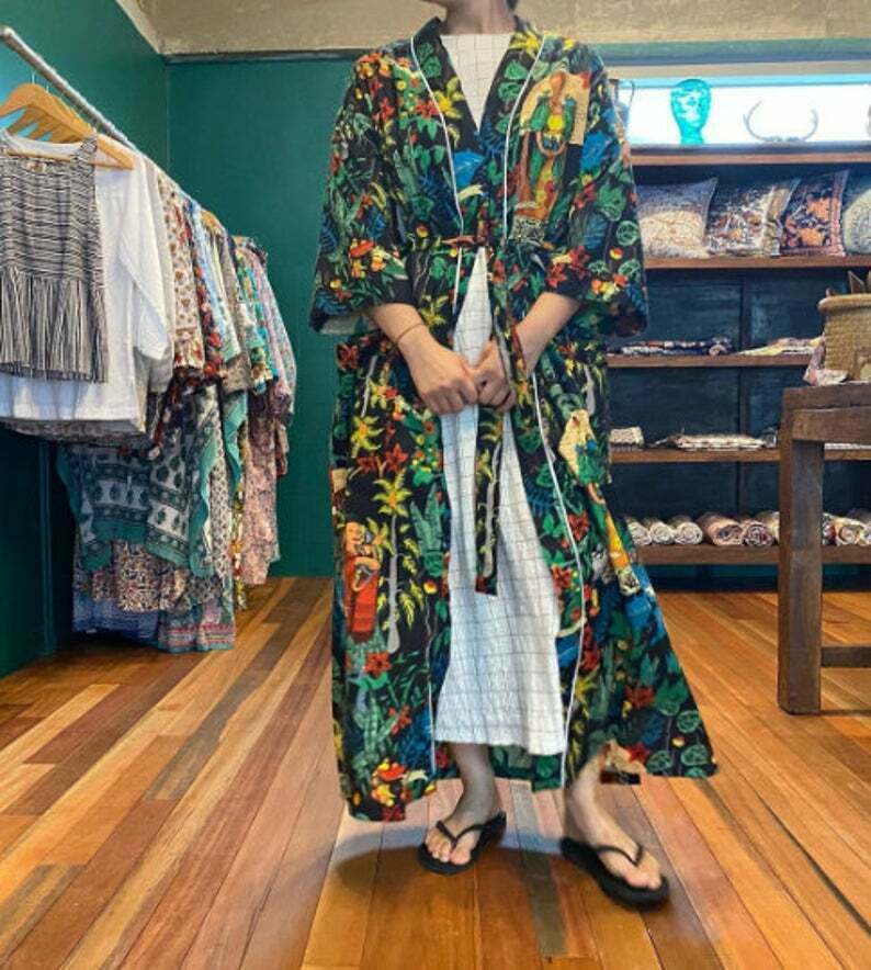 Indian Frida Kahlo Estampado Algodón Kimono Ropa de Noche Bata Mujeres Vestid...