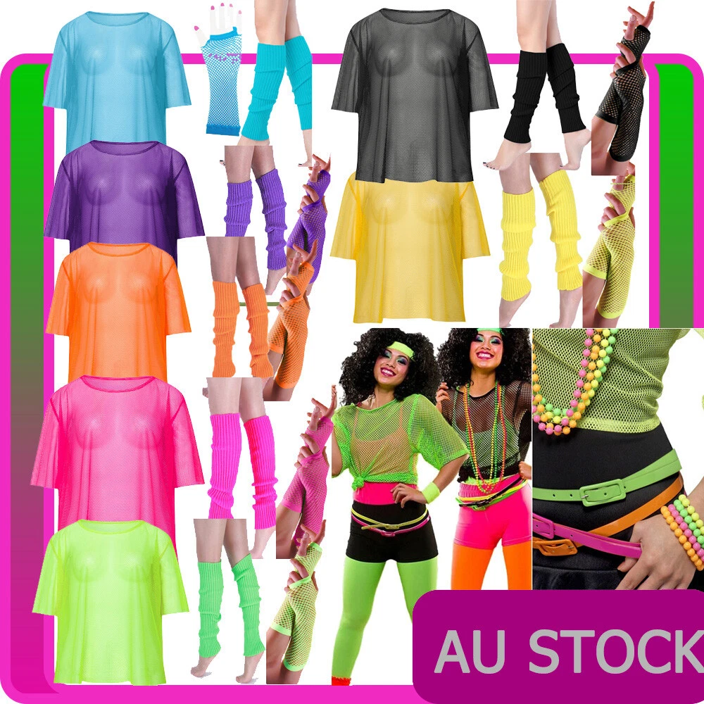 80s Themed Outfits 80s Fancy Dress Costume Accessories Neon Necklace Blinds  Glasses Earrings Fishnet Gloves(Purple) 