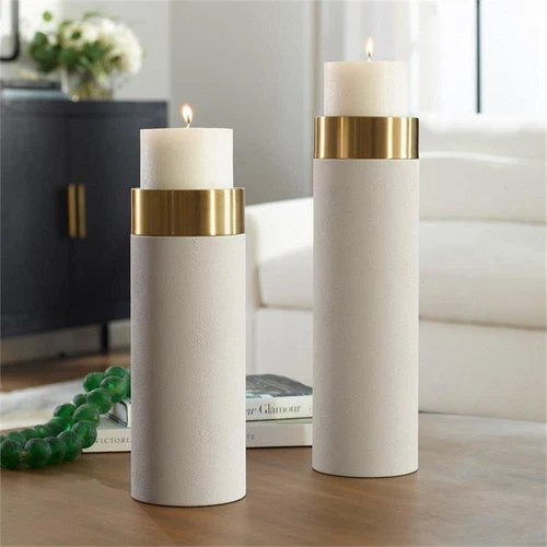 Uttermost Wessex Faux Leather/Metal Candleholder in White/Brass (Set of 2) - Picture 2 of 4