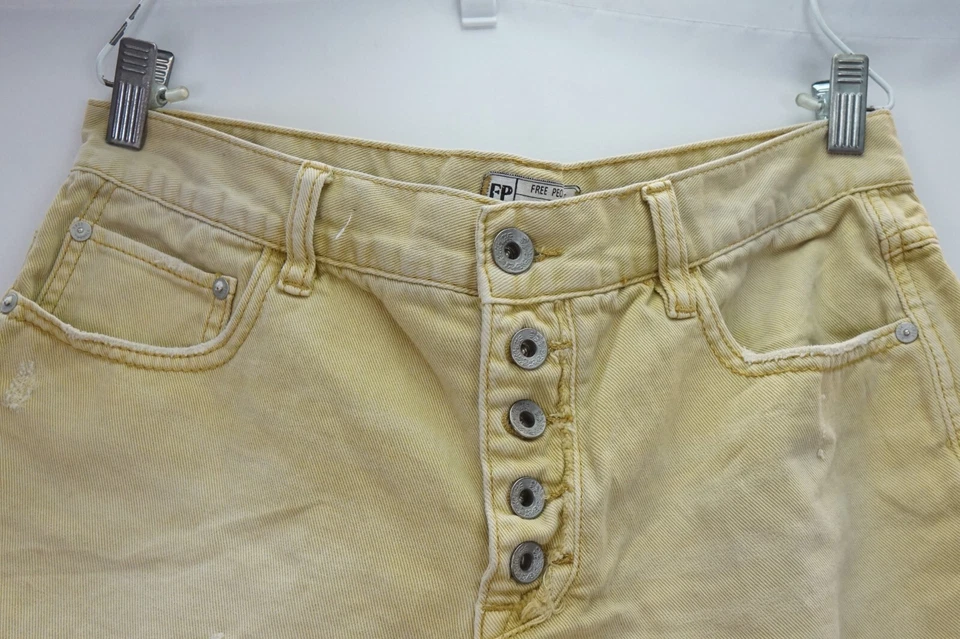 Free People Shorts Distressed Button Up Cutoff Mid Rise Womens Yellow Size 32 - Image 2 of 4