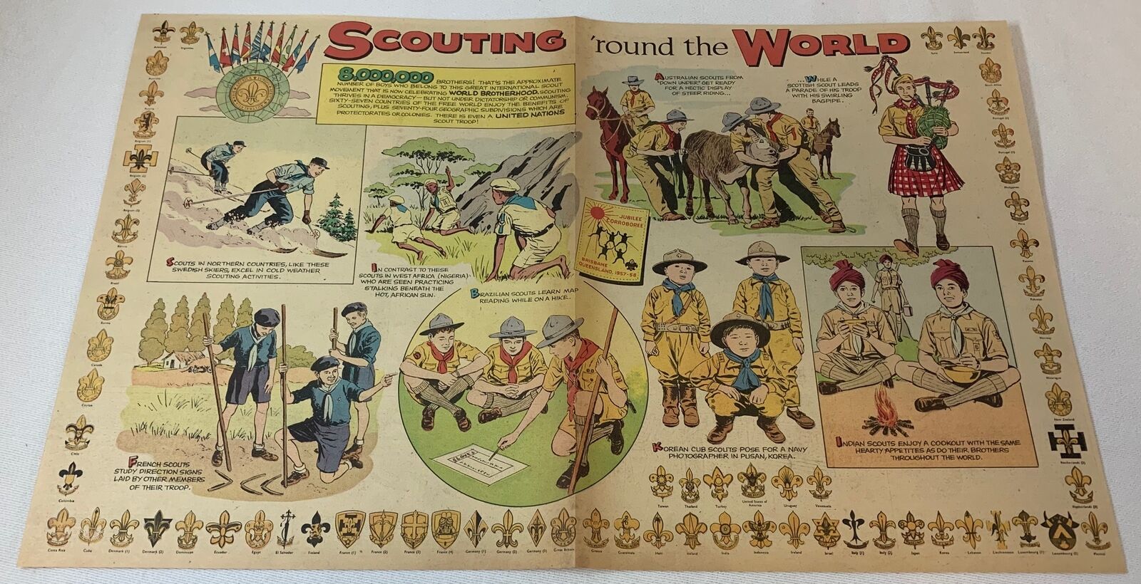 1958 two page cartoon ~ Boy Scouts SCOUTING 'ROUND THE WORLD