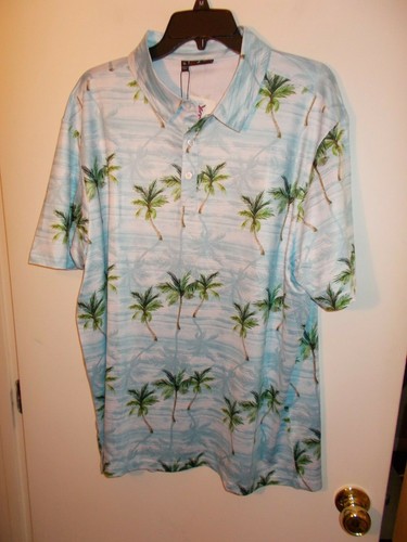 NWT Mens XL Yatta Makani Olu Olu Golf Polo Palm Trees Blue Print Polo Shirt New - 第 1/3 張圖片