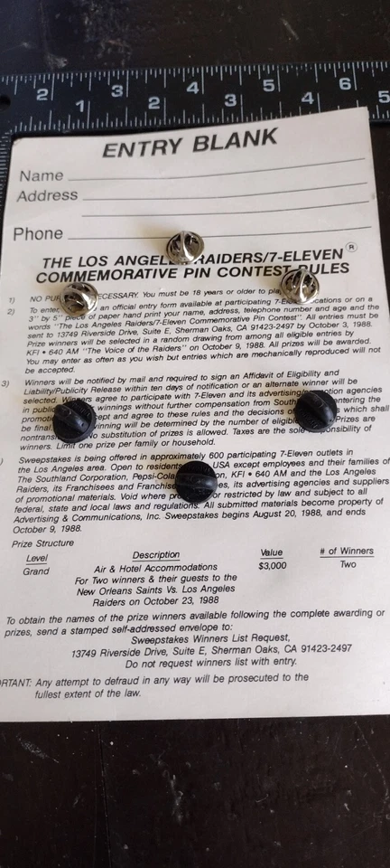 Los Angeles Raiders 1988 Conmemorativo 6 Pines Especial 7/11 Promo SB XI XV XVIII Foto 3 de 3