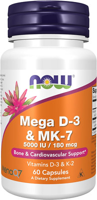 NOW Foods Mega D-3 & MK-7 with Vitamins D-3 & K-2, 5,000 IU/180 Mcg, 60 Capsules