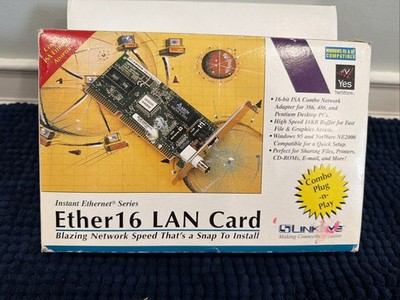 NEW Linksys Ether16 10BaseT LAN Card NOS NEW SEALED Vintage 90s 1997 Plug-N-Play