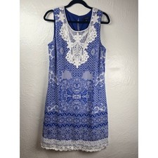 Paisley Lace Trim Sleeveless Shift Dress Women Size 12 Cottagecore Boho Coastal
