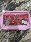 Clear Pink Plastic Zipper Makeup Bag Pouch "TEACHER ERA" Red Gold Accents — photo 1
