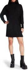 Steve Madden Women's Rosie Mock Neck Long Sleeve Slit Sweater Dress Black Large