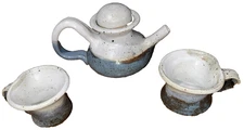 VTG Handmade Artisan Pottery Teapot With Lid & Two Mugs Blue Beige SIGNED 5 1/2"