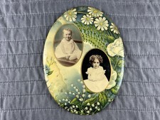 Antique 1919 Metal Celluloid On Tin Kids Photo Floral Design Wall Hanging