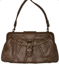 Isabella Fiore Brown Pebbled Leather Crossbody Bag Braided Strap Studded Boho