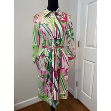 Talbot's Geometric/Floral Print Midi Cotton Shirt Dress in Pink and Green