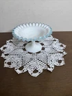 Fenton Sivercrest Blue Ruffled Edge White Milk Glass 5¾in Compote Footed Bowl