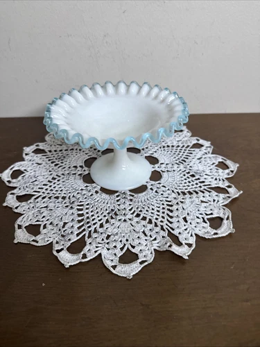 Fenton Sivercrest Blue Ruffled Edge White Milk Glass 5¾in Compote Footed Bowl