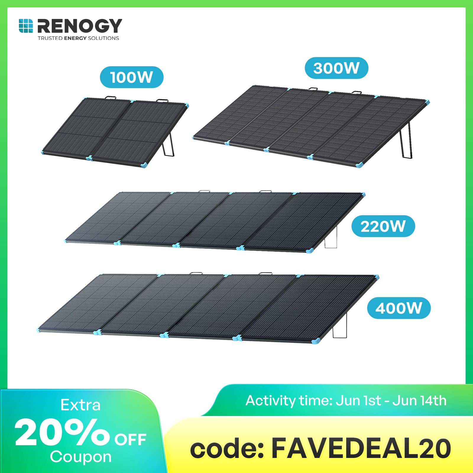 Renogy Solar Panel Portable&Foldable 100W/220W/300W/400W For RV Camping Off-Grid