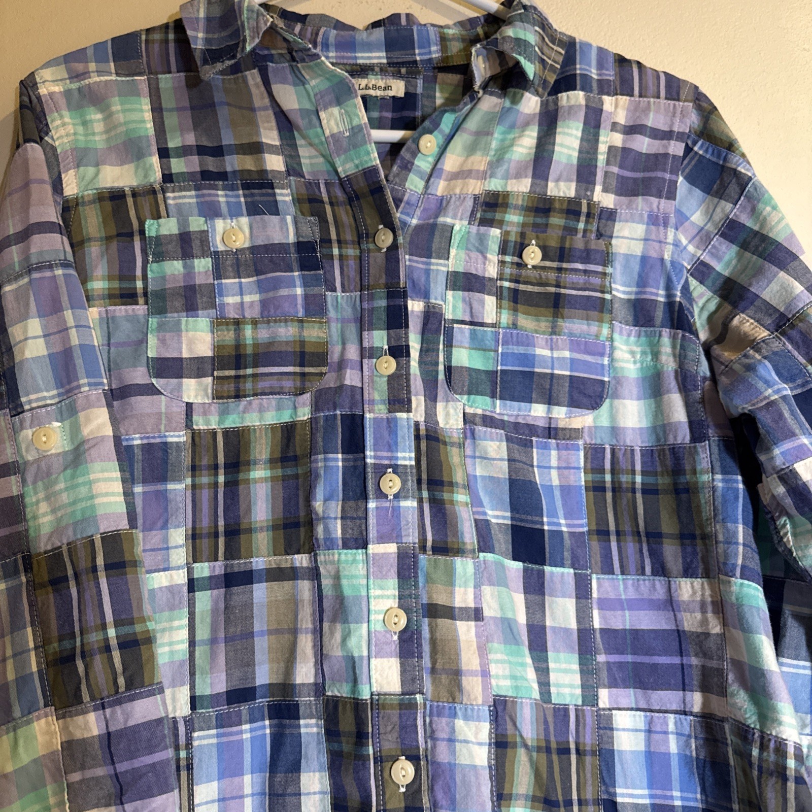LL Bean Top Womens Small Madras Plaid Roll Tab Sleeve Patchwork Button Shirt