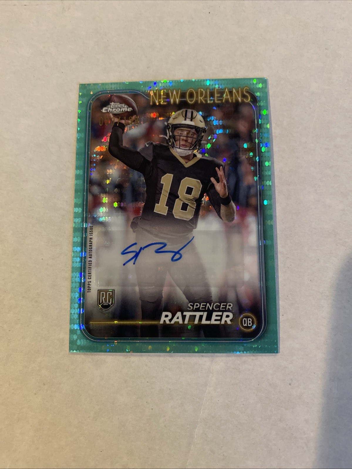 2024 Topps Chrome Autograph Aqua Sonar Refractor Spencer Rattler RC Saints /199