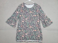 Marley Lilly Top Medium Grey Floral Print Tunic Bell Sleeve Cotton Blend Casual