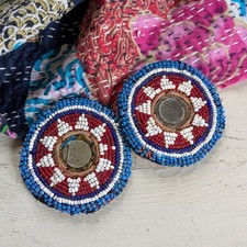 Kuchi Patches Beaded Gul Medallions Tribal White Flowers on Red 3.25" 21572