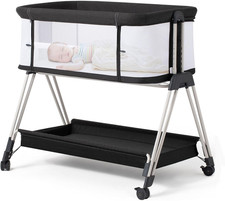Baby Bassinet Bedside Sleeper with Wheels and Storage Tray,4-Sided Mesh Bedside