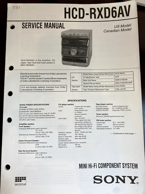SONY HCD-RXD6AV HCDRXD6AV Service Manual FROM THE USA **ORIGINAL** 581 4619