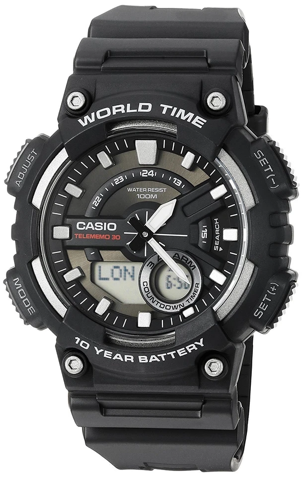 Casio Men's Quartz World Time 10 Yr Battery Black Resin 47mm Watch AEQ110W-1A