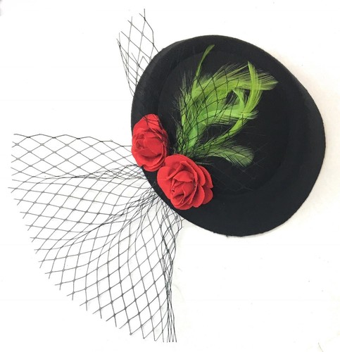 Black Pillbox Red Roses Green Feather 