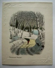 40's Bringing the tree Homeward bound Vintage Christmas greeting card *F11