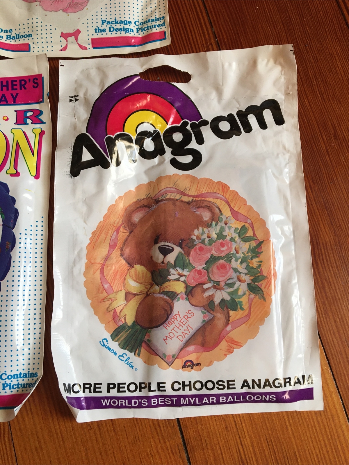 3 Vtg Anagram Happy Mother’s Day Bear  Metallic Balloon NEW Mylar Simon Elvin A8