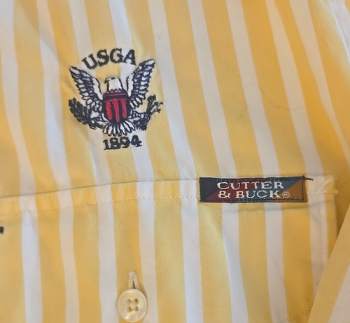 VINTAGE Cutter & Buck Yellow Stripe Dress Shirt Mens Long Sleeve LARGE GOLF USGA - Picture 4 of 10