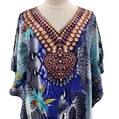 NEW Gold Coast Womens One Size Kaftan Satin Multicolor Floral Long Maxi  Dress | eBay