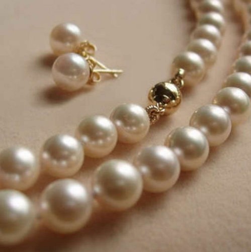 8mm White South Sea Shell Pearl Not Pearl Round Beads Necklace + Earring Set 20" - Picture 2 of 4