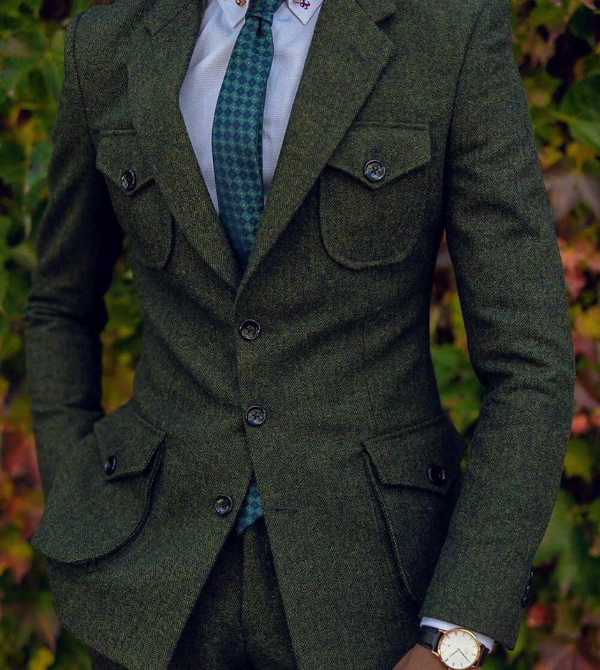 Men's Tweed Safari Jackets Herringbone Causal Vintage Coat With Belt Formal Suit - Image 3 of 4