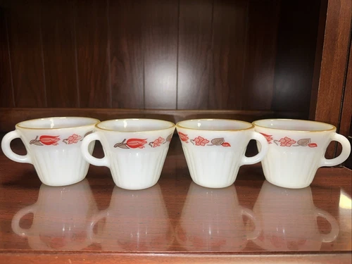 4 Vintage Termocrisa White Milk Glass Red Floral Tulips 8oz Coffee Mugs Cups