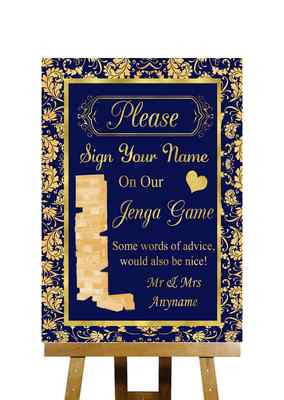 Blau und Gold Jenga Spiel Botschaft personalisiert Hochzeit Schild