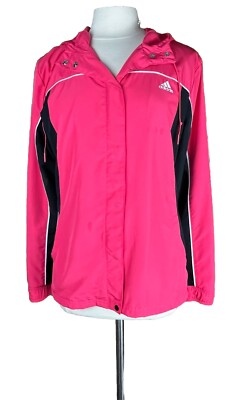 Adidas (Sz L) Hoodie Windbreaker Jacket Pink Snaps Long Sleeve Three Stripes