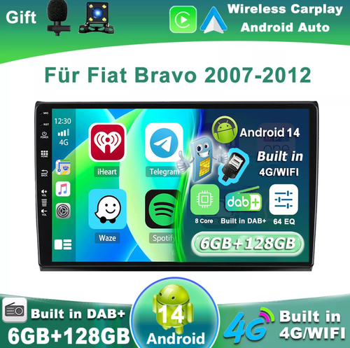 9'' Autoradio DSP Für Fiat Bravo 2007-2012 Android 14 Car Play Navi GPS DAB+QLED - Bild 1 von 18