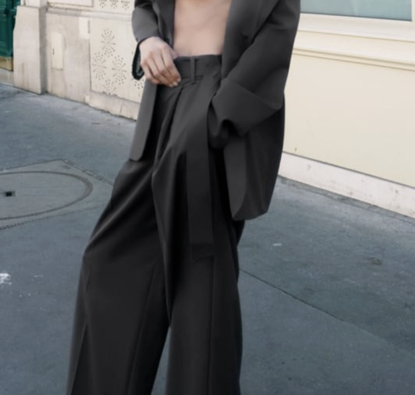 BLACK LOOSE STRAIGHT SLACKS 2912P スラックス Loose Solid Color Casual Women's Pants High Waist Straight