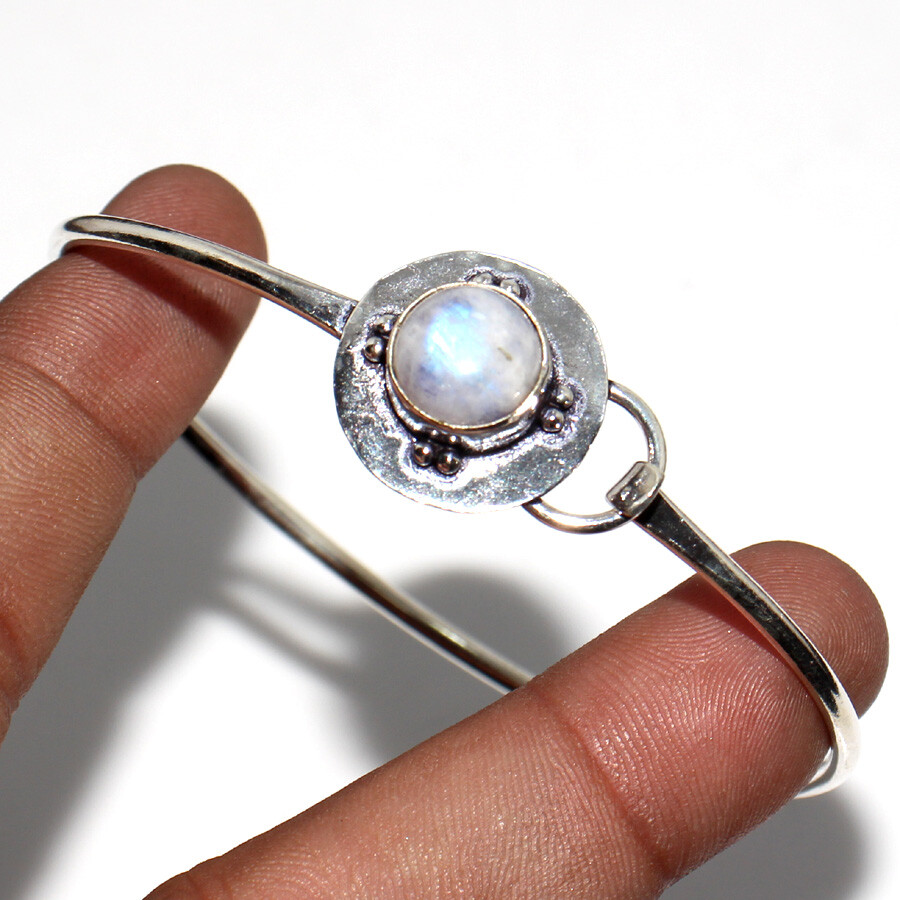 Rainbow Moonstone 925 Silver Plated Bangle FreeSize Valentine Jewelry JW