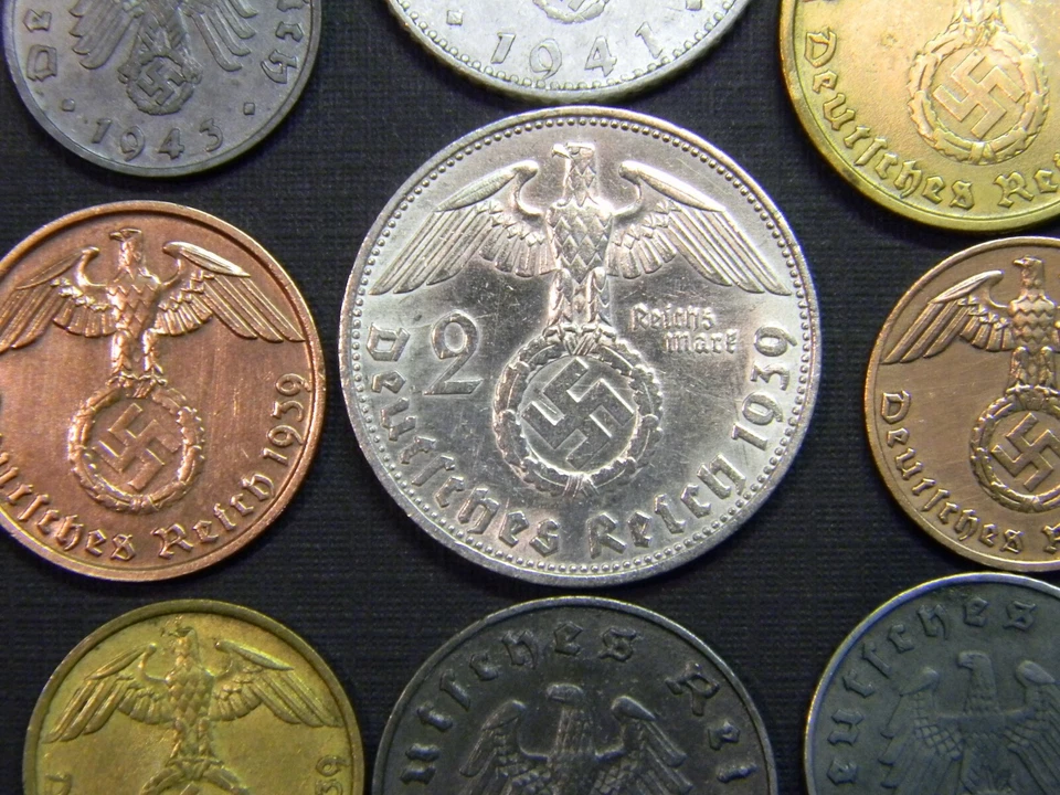 Lote de 9 monedas raras Tercer Reich Alemania Segunda Guerra Mundial monedas 2 Reichsmark y varios Pfennig Foto 3 de 3