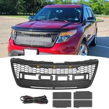 Front Upper Grille For 2012-2015 Ford Explorer W/Letter LEDs Matte Black ABS