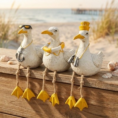Nautical Seagull Figurine Resin Coastal Beach Home Decor Ornament Yellow White
