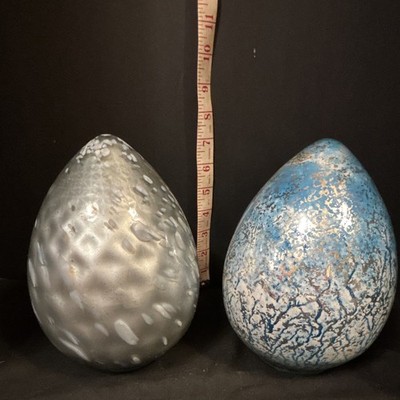 Two Abstract Art Glass Shaped Eggs Glossy Decorative Interior Painted