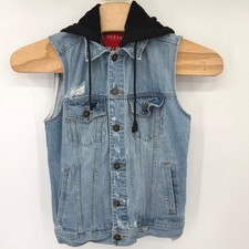 Guess Denim Vest Women M Light Wash Removable Hood Distressed Trucker Jacket