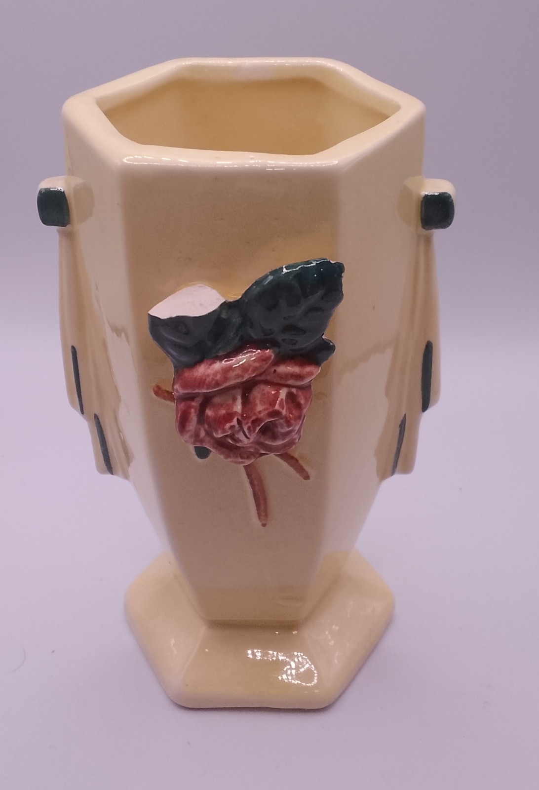 Vintage McCOY ART DECO Pottery FLOWER VASE, Applied ROSE Pattern. READ